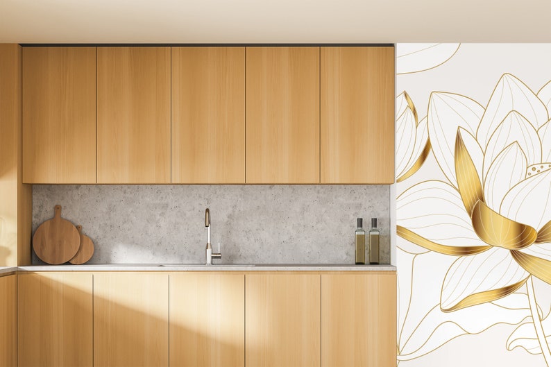 Luxury Golden Lotus Flower Wallpaper , Wall Mural, Peel and Stick, Self ...