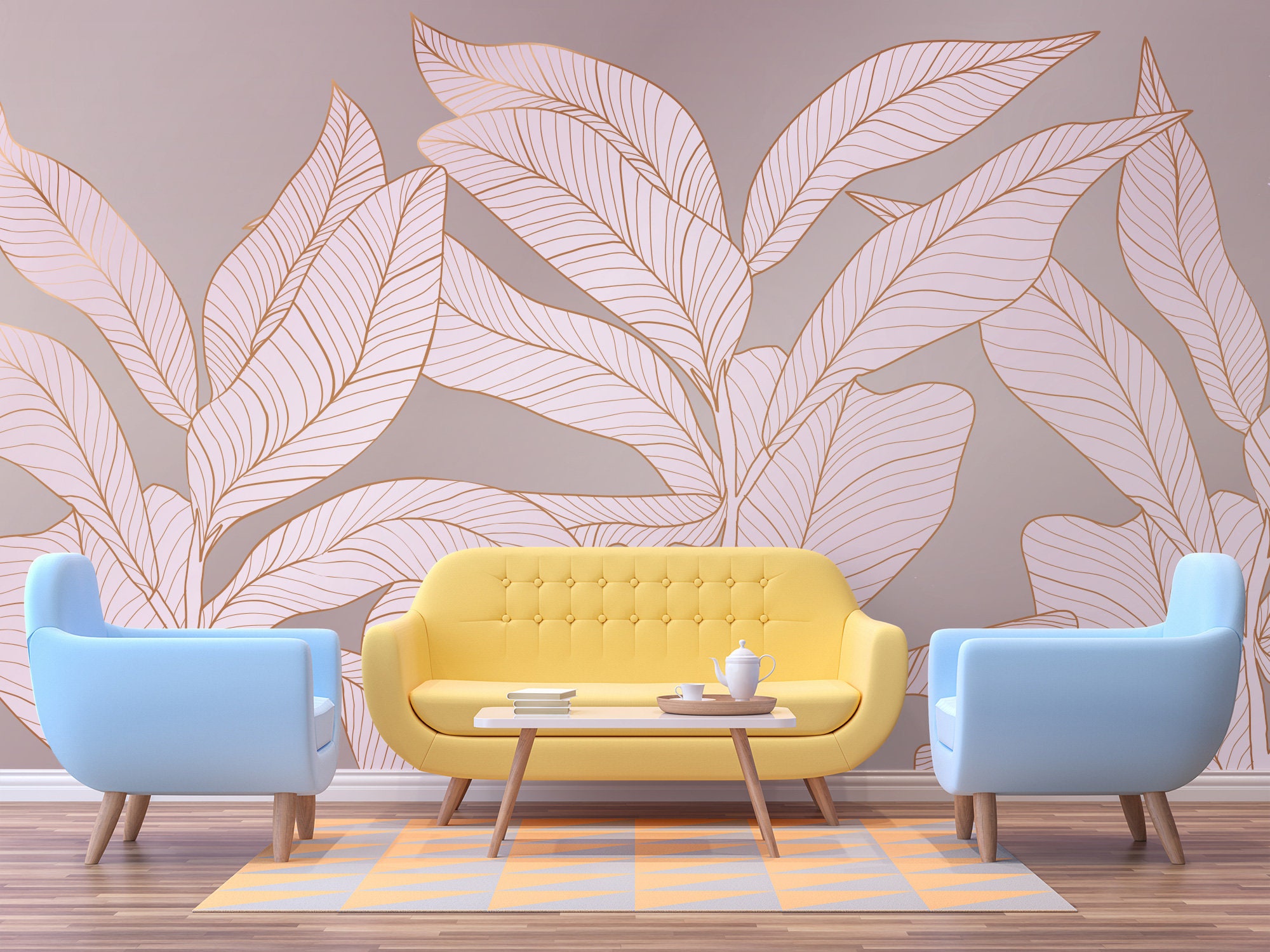 Rose Gold and Pink Floral Wallpaper Botanical Leaves Wall Etsy