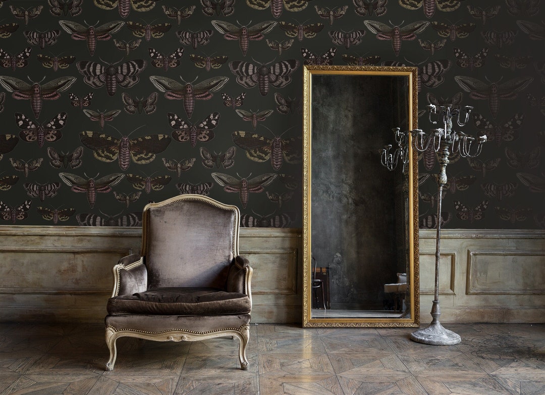 Butterfly and Moth Wallpaper, Dark Green Wall Mural, Wall Art, Home ...