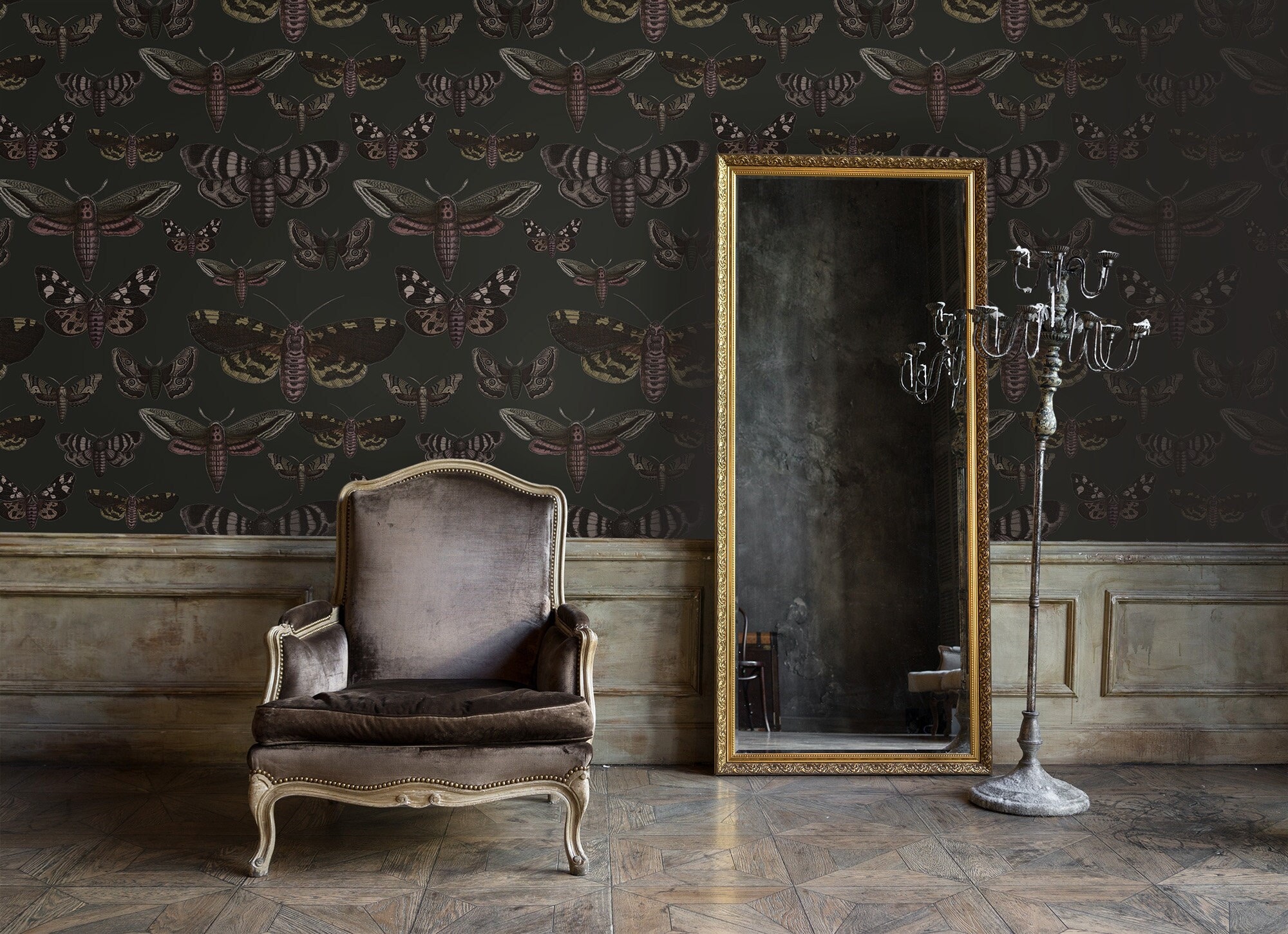 Butterfly and Moth Wallpaper, Dark Green Wall Mural, Wall Art, Home ...