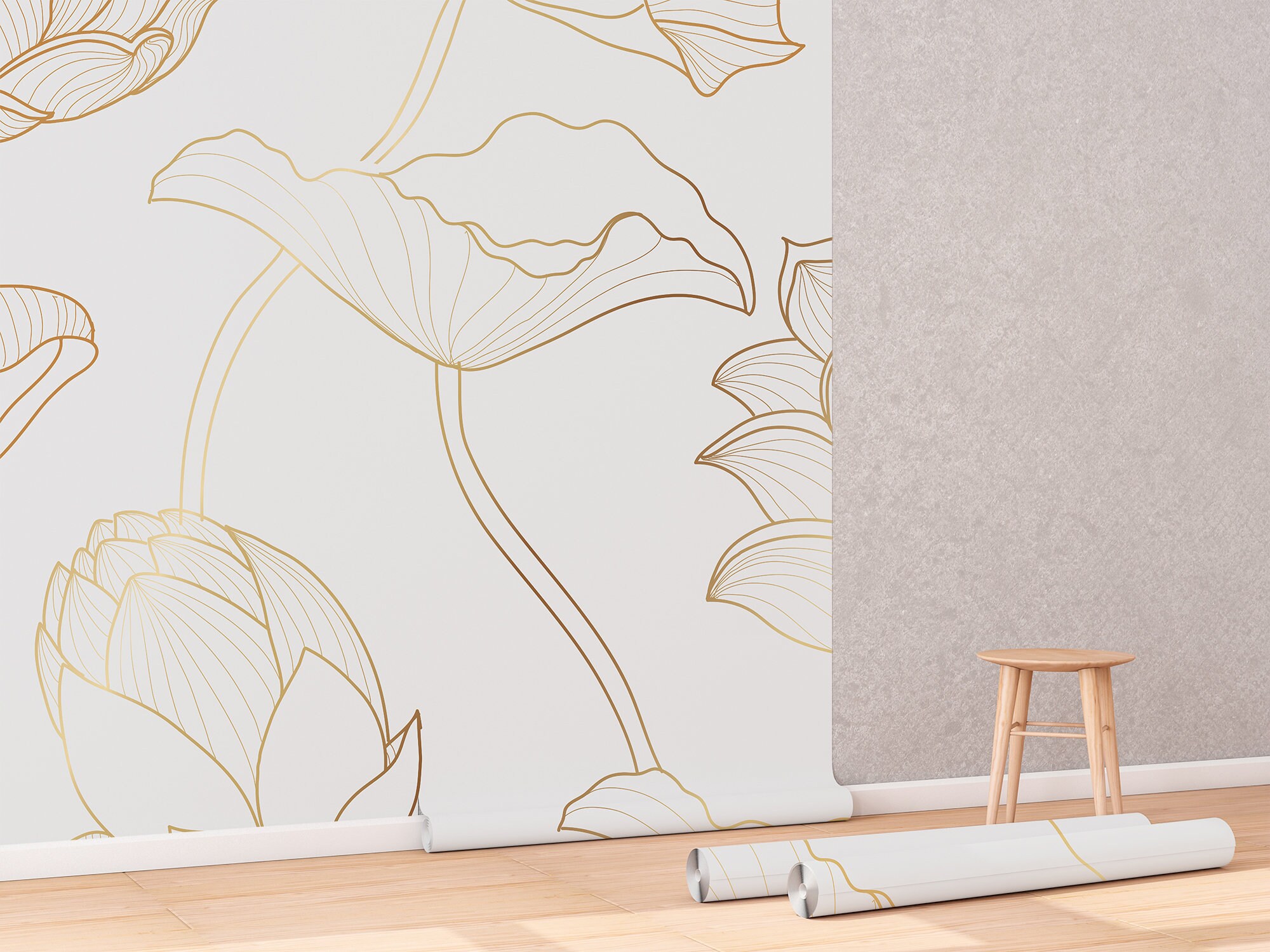 Gold Floral Wallpaper, Lotus Flower and Leaves, Wall Mural, Peel and ...