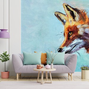Wallpaper With Wild Animal, Red Fox, Light Blue Background, Wall Mural
