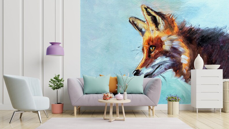 Wallpaper With Wild Animal Red Fox Light Blue Background - Etsy