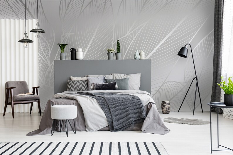 Botanical Wallpaper With Silver Leaves Modern Art Wall Etsy