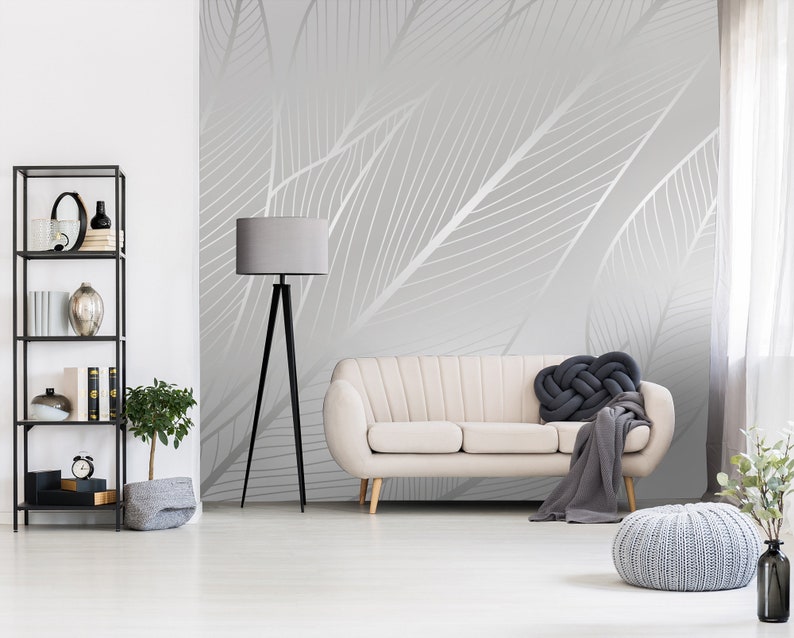 Botanical Wallpaper With Silver Leaves Modern Art Wall Etsy