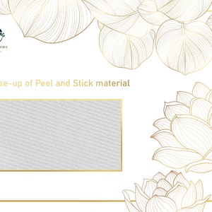 May include: Close-up of peel and stick wallpaper material. The material is white and has a subtle texture. The image is framed by gold floral designs.