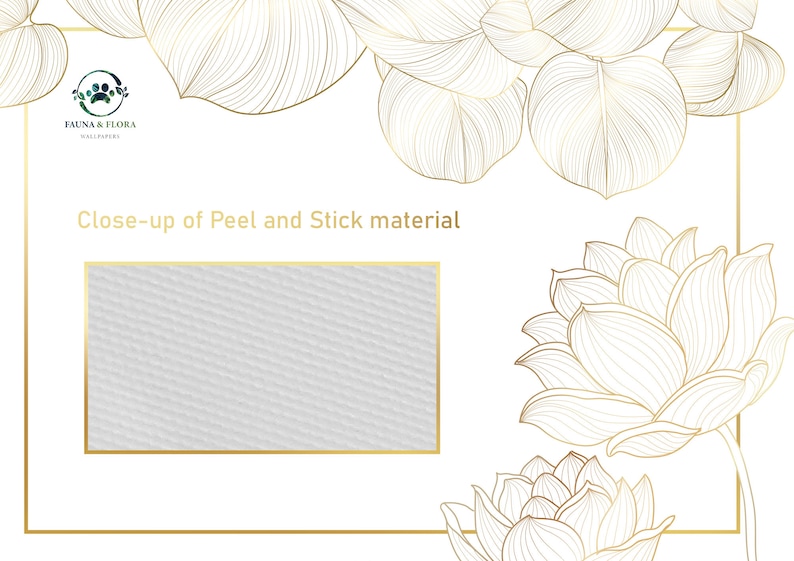 May include: Close-up of peel and stick wallpaper material. The material is white and has a subtle texture. The image is framed by gold floral designs.