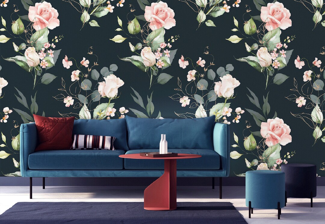 Watercolor Floral Wallpaper With Pink Flowers, Leaves and Branches ...