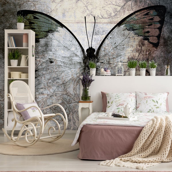 Watercolor gray wallpaper with butterfly, Wall Mural, Peel and Stick, Self Adhesive, Removable, Wall Decor