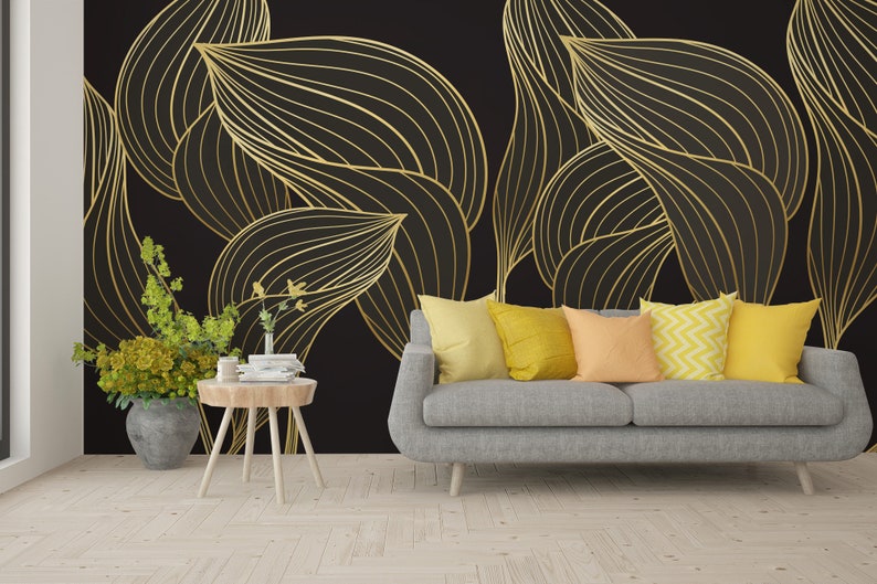 Tropical Wallpaper With Matte Golden Leaves Wall Mural Peel - Etsy