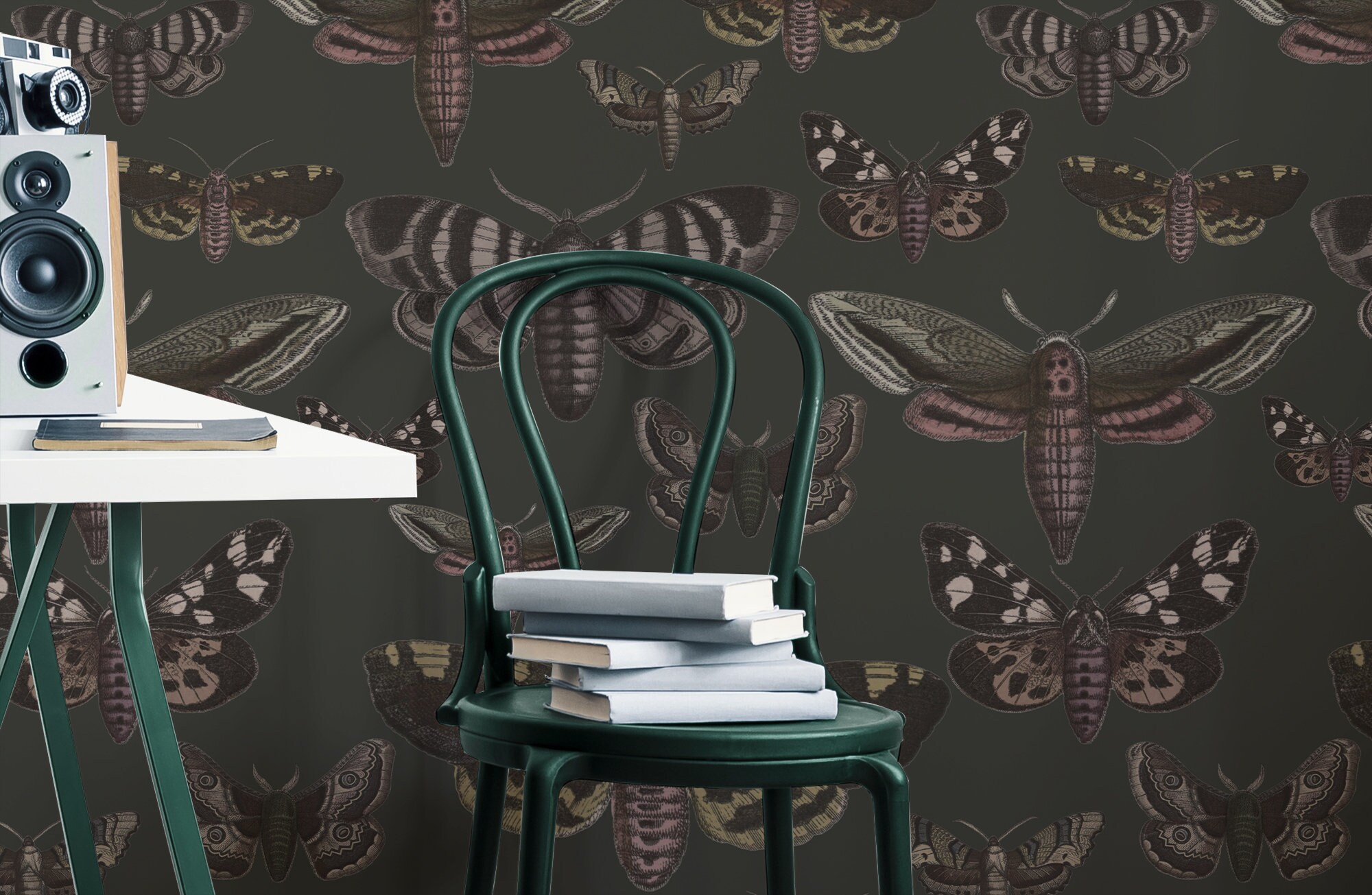 Butterfly and Moth Wallpaper, Dark Green Wall Mural, Wall Art, Home ...