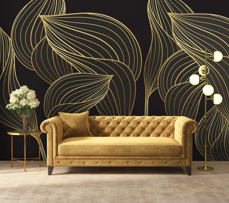 Tropical Wallpaper With Matte Golden Leaves Wall Mural Peel - Etsy