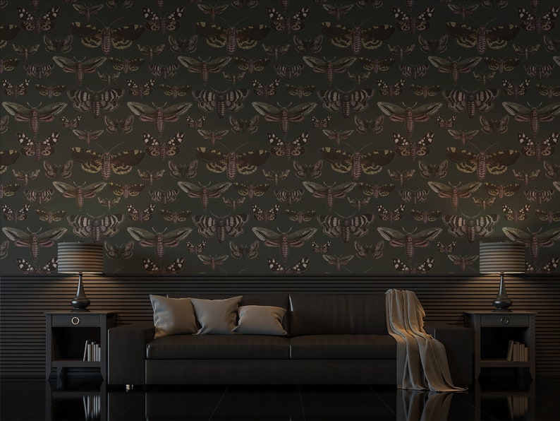 Butterfly and Moth Wallpaper, Dark Green Wall Mural, Wall Art, Home ...