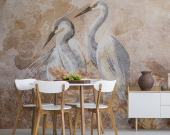 Vintage bird wallpaper, Wall Art, Removable, Self Adhesive (Peel and Stick) or Non Self Adhesive (Vinyl), Wall Decor