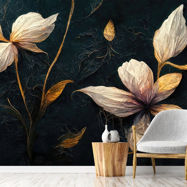 Dark abstract wallpaper, exotic flowers, floral pattern, Wall Mural, Self Adhesive, (Peel & Stick), Non Self Adhesive (Vinyl), Wall Decor