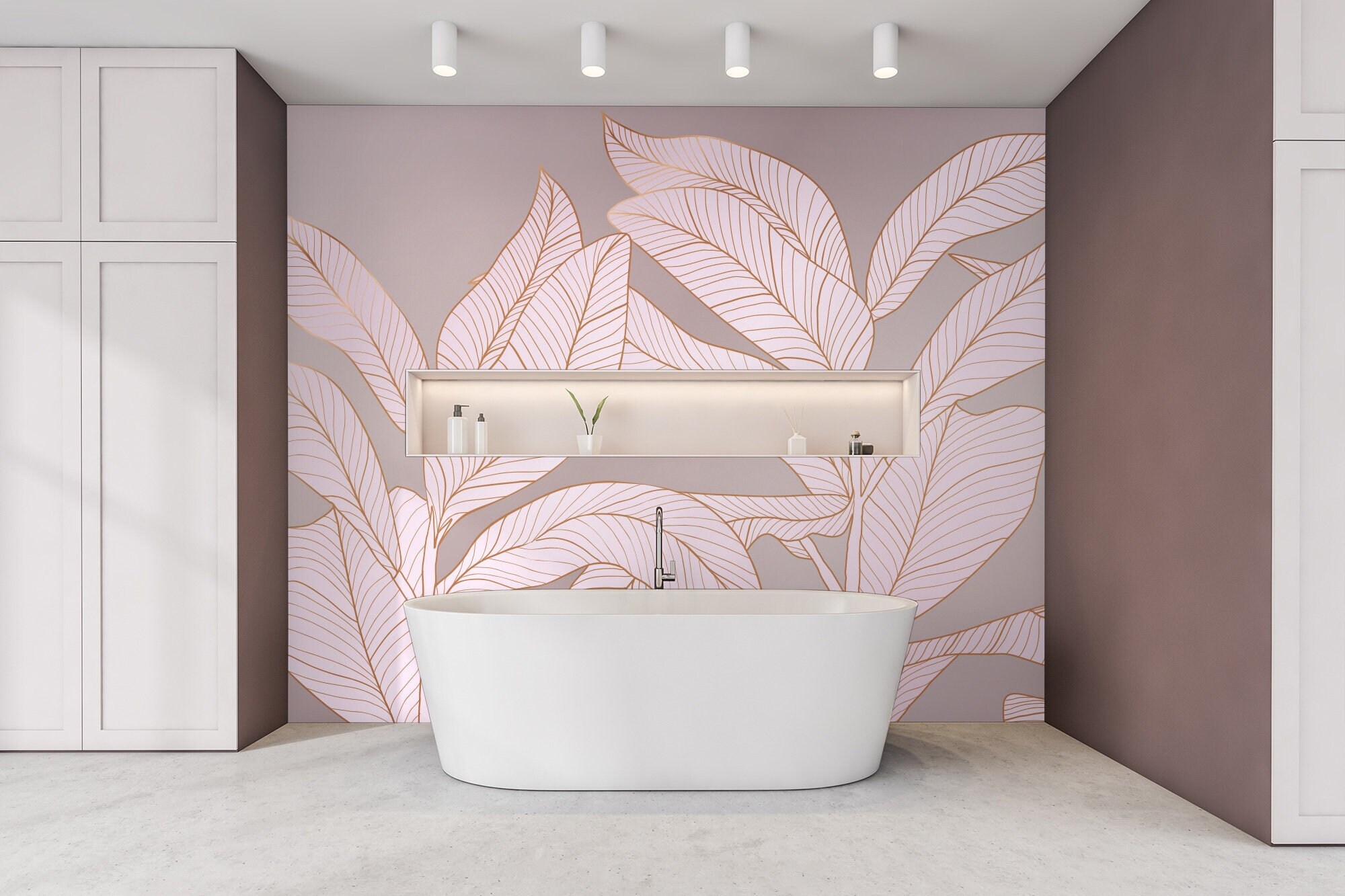 Wall Mural Removable botanical leaves Self Adhesive Peel and Stick Rose gold and pink floral wallpaper Wall Decor