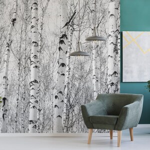 May include: A green armchair with wooden legs sits in front of a wall with a black and white birch tree wallpaper. A teal wall is to the right of the armchair with a gray canvas with gold lines hanging on it. Two pendant lights hang from the ceiling above the armchair.