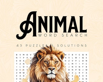 Animal Word Search - 43 Puzzles & Solutions - Printable E-Book PDF