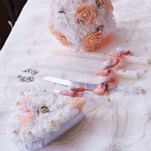 Conjunto de casamento, buquê de noiva cor pêssego, buquê de casamento