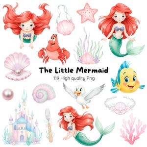 Può includere: Una collezione di illustrazioni ad acquerello con personaggi ed elementi de "La Sirenetta". Include Ariel, Flounder, Sebastian, un castello, conchiglie, una stella marina e altri disegni a tema acquatico. È presente anche il testo "The Little Mermaid" e "119 High quality Png".