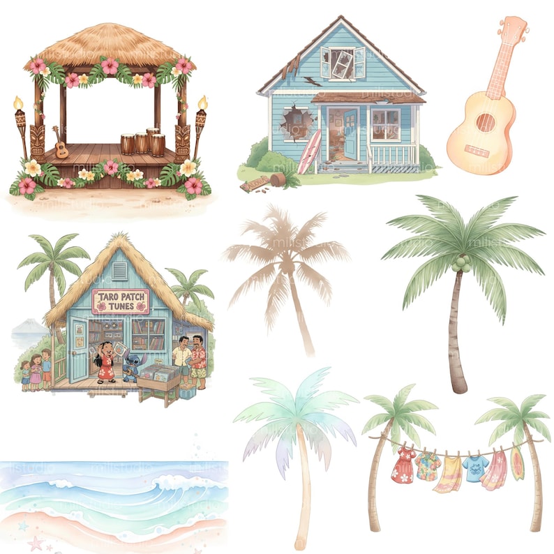 May include: Watercolor illustration featuring a tropical theme. Includes a stage with tiki torches, a ukulele, a blue house, a shop with the text "Taro Patch Tunes", palm trees, a beach scene, and clothes hanging on a line.