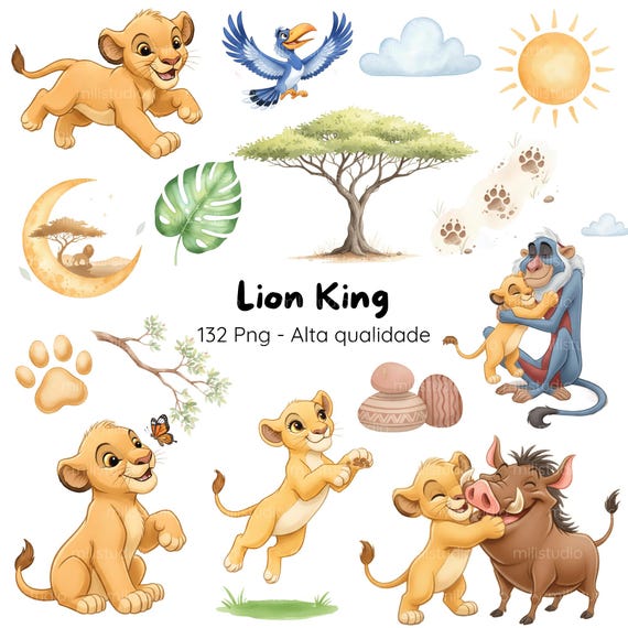 Rei Leão Aquarela Infantil, Kit Digital, Simba e Amigos,Tema Safari, Rei Leão Baby • Kit Digital em Aquarela • Clipart Infantil
