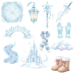 May include: Watercolor illustration of winter-themed elements. Includes a frozen lake, a lantern, a snowflake wand, a sword, gloves, a bridge, a scarf, a staircase, a castle, clouds, and boots. The color palette is primarily light blue and white.