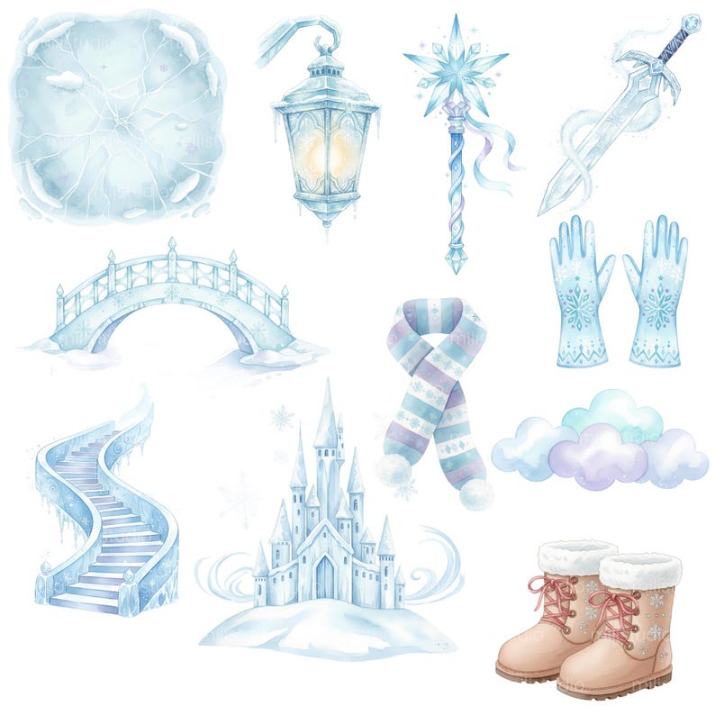 May include: Watercolor illustration of winter-themed elements. Includes a frozen lake, a lantern, a snowflake wand, a sword, gloves, a bridge, a scarf, a staircase, a castle, clouds, and boots. The color palette is primarily light blue and white.