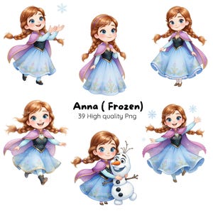 Puede incluir: Ilustraciones de acuarela de Anna de la película Frozen. Anna aparece con un vestido azul y una capa morada, en varias poses y expresiones. También se incluye el texto "Anna (Frozen)" y "39 High quality Png".