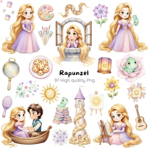Puede incluir: Ilustración digital de Rapunzel, una princesa con largo cabello rubio, en varias poses. La imagen incluye una torre, un bote, una sartén y otros elementos relacionados. También está presente el texto "Rapunzel 97 High quality Png".