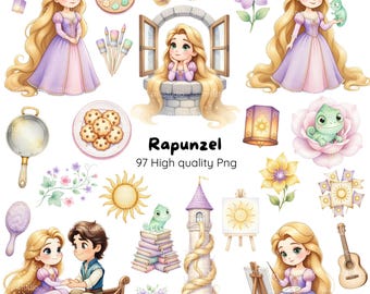 May include: A digital illustration of Rapunzel, a princess with long blonde hair, in various poses. The image includes a tower, a boat, a frying pan, and other related elements. The text "Rapunzel 97 High quality Png" is also present.