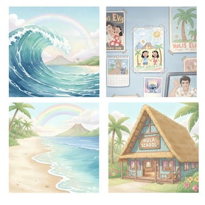 May include: Watercolor illustrations of a tropical theme. Scenes include a large ocean wave with a rainbow, a beach with a rainbow, and a Hula School building. Other images include posters and a calendar.