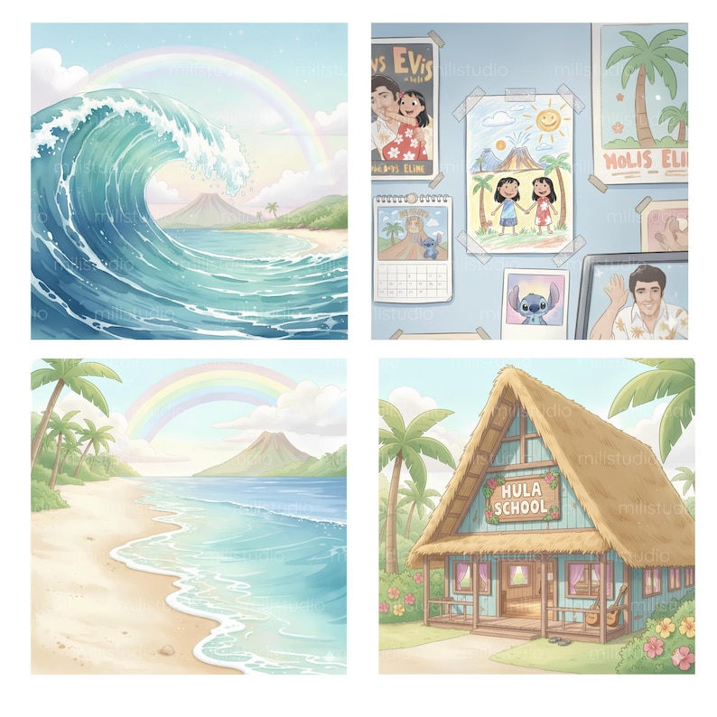 May include: Watercolor illustrations of a tropical theme. Scenes include a large ocean wave with a rainbow, a beach with a rainbow, and a Hula School building. Other images include posters and a calendar.