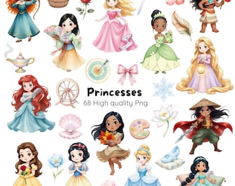 May include: A collection of watercolor illustrations featuring various princesses. The images include characters in colorful dresses, along with related objects like a bow and arrow, a lamp, and a glass slipper. The text "Princesses" and "68 High quality Png" is also present.