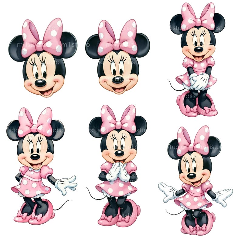 K&ouml;nnte beinhalten: Eine Sammlung von Illustrationen mit Minnie Mouse. Die Bilder zeigen Minnie's Kopf- und Ganzk&ouml;rperposen, alle mit ihrer charakteristischen rosa Schleife mit Punkten und Kleid. Die Zeichentrickfigur wird in verschiedenen Posen dargestellt, l&auml;chelnd und fr&ouml;hlich.