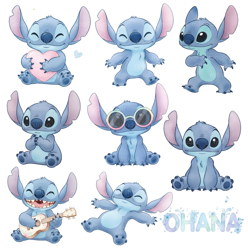 May include: A collection of cartoon illustrations of Stitch from Lilo & Stitch. The blue alien is depicted in various poses, including holding a heart, wearing sunglasses, and playing a ukulele. The word "Ohana" is also present.