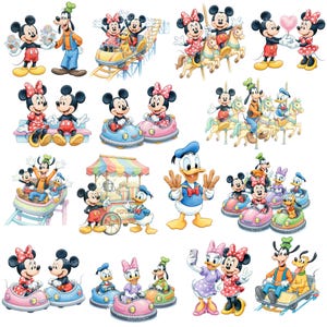 Puede incluir: Una colecci&oacute;n de ilustraciones coloridas con personajes de Disney. Mickey y Minnie Mouse, el Pato Donald, Goofy y Daisy Duck se representan en varias escenas, incluyendo atracciones de parques tem&aacute;ticos, un puesto de palomitas y sosteniendo globos.