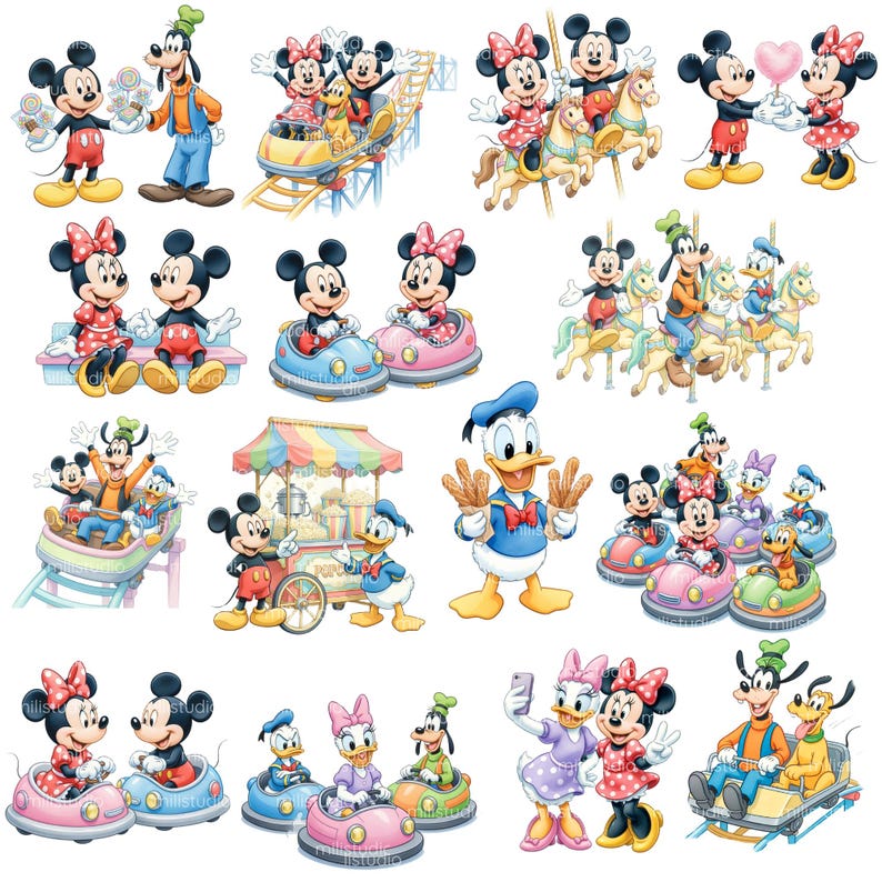 Puede incluir: Una colecci&oacute;n de ilustraciones coloridas con personajes de Disney. Mickey y Minnie Mouse, el Pato Donald, Goofy y Daisy Duck se representan en varias escenas, incluyendo atracciones de parques tem&aacute;ticos, un puesto de palomitas y sosteniendo globos.
