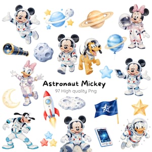 May include: A collection of digital illustrations featuring cartoon characters in white astronaut suits, planets, stars, a rocket, a telescope, a moon, and a flag. The text reads Astronaut Mickey 97 High quality Png. The characters include Mickey, Minnie, Pluto, Daisy, and Goofy.