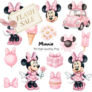 Kit digitale carino Minnie Mouse rosa acquerello • Oltre 80 elementi • PNG 300 DPI, Baby Minnie Mouse rosa • Kit digitale • Clipart acquerello per bambini