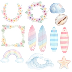 May include: Watercolor illustrations of beach-themed elements, including surfboards, seashells, floral wreaths, a rainbow, a wave, and a starfish. The surfboards are pastel-colored, and the floral elements feature pink, yellow, and purple flowers.