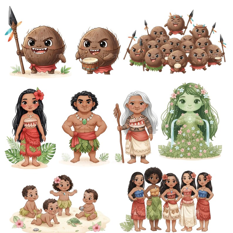 Pu&ograve; includere: Una collezione di illustrazioni ad acquerello con personaggi ispirati alla cultura polinesiana. Le immagini includono noci di cocco antropomorfe con lance e tamburi, e varie figure umane in abiti tradizionali, con dettagli floreali e di foglie.