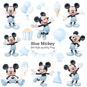 Peut inclure: Une collection d'illustrations numériques représentant Mickey Mouse en short bleu clair, accompagnées de ballons bleu clair, d'étoiles, de pop-corn, de glaces, d'une sucette, d'un chapeau de fête et d'une guirlande, avec le texte Blue Mickey 64 High quality Png.