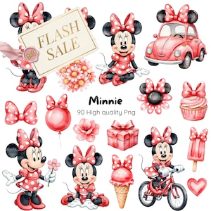以下が含まれることがあります： 赤と白を基調としたミニーマウスをテーマにしたイラストのコレクション。ミニーマウスのキャラクター、車、自転車、リボン、カップケーキ、アイスクリーム、ギフトボックス、風船、そして「フラッシュセール」のサインが含まれています。