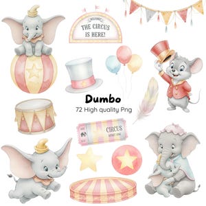 Op de afbeelding: Waterverfillustraties met een circusthema, met Dumbo de olifant, een muis in een circusdirecteur outfit, ballonnen, een trommel, een kaartje en een bord met "The Circus Is Here!" in een grillige stijl.