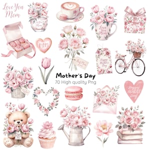 Op de afbeelding: Waterverfillustraties voor Moederdag, met roze bloemen, een fiets, een teddybeer, een kopje koffie, macarons en geschenkdozen. De afbeelding bevat de tekst "Love You Mom" en "Happy Mother's Day".