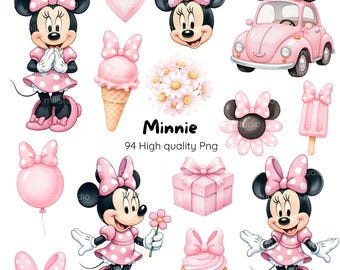 Minnie Maus Aquarell-Set in Rosa – Niedliches digitales Set • Über 80 Elemente • PNG 300 DPI, Baby Minnie Maus in Rosa • Digitales Set • Aquarell-Cliparts für Kinder