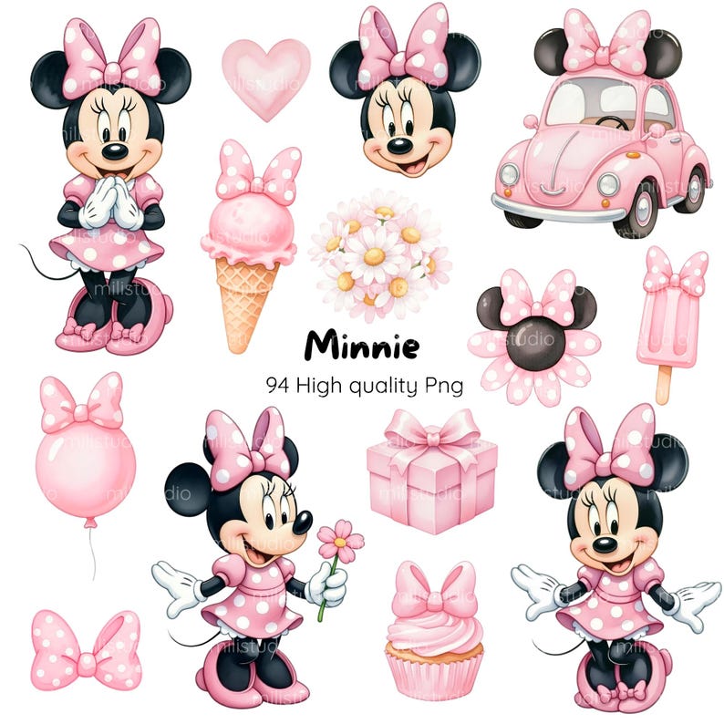 K&ouml;nnte beinhalten: Eine Sammlung von rosa Minnie Mouse-Illustrationen. Enth&auml;lt Minnie Mouse-Figuren, ein Auto, Eis, einen Cupcake, eine Geschenkbox, einen Ballon, ein Herz, eine Blume, ein Eis am Stiel und Schleifen. Der Text "Minnie" und "94 High quality Png" sind ebenfalls vorhanden.