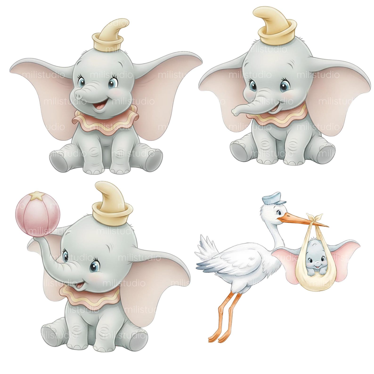 Dumbo Watercolor Clipart • 72 High Resolution PNG Files • Vintage ...