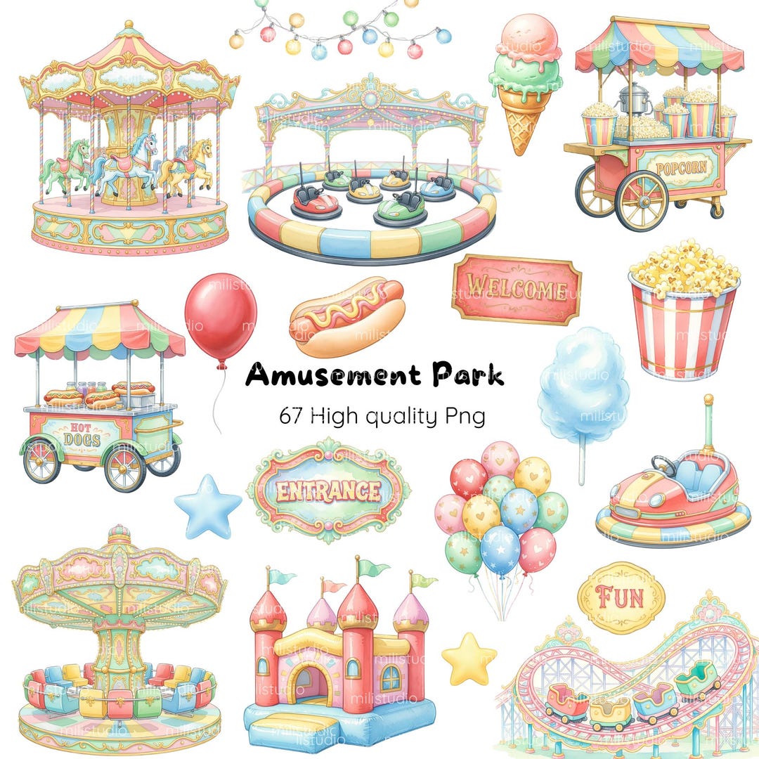 Theme Park Cute Clipart • Candy Colors Watercolor Set, Amusement Park ...
